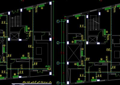 نقشه کامل تاسیسات مکانیکی ساختمان مسکونی سه طبقه با زیر زمین در اتوکد