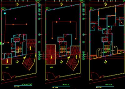 نقشه کامل تاسیسات مکانیکی ساختمان مسکونی سه طبقه با پارکینگ در زیر زمین و حیاط در اتوکد