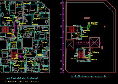 نقشه کامل تاسیسات برق برج تجاری، مسکونی با 28 واحد مسکونی و 9 واحد تجاری در اتوکد