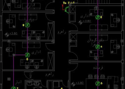 نقشه کامل تاسیسات برق ساختمان اداری سه طبقه در اتوکد