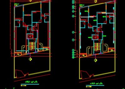 نقشه کامل تاسیسات مکانیکی ساختمان مسکونی سه طبقه با پارکینگ در زیر زمین و حیاط در اتوکد