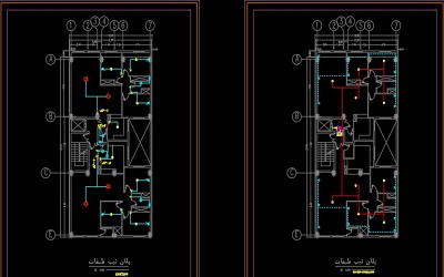 نقشه کامل تاسیسات برق ساختمان مسکونی چهار طبقه با هر طبقه دو واحد سه خواب در اتوکد
