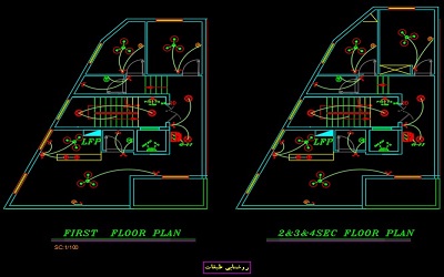 نقشه کامل تاسیسات برق آپارتمان مسکونی پنج طبقه در اتوکد
