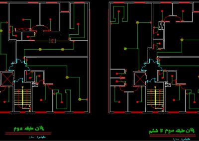 نقشه کامل تاسیسات برق مجتمع مسکونی شش طبقه در اتوکد