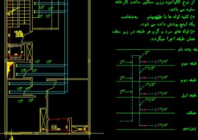 نقشه کامل تاسیسات مکانیکی ساختمان مسکونی سه طبقه 600 متری در اتوکد